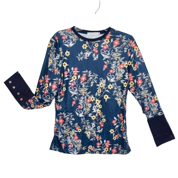 MISLOOK - Long sleeve Navy floral cotton poly blend blouse women's size Medium - Picture 2 of 3